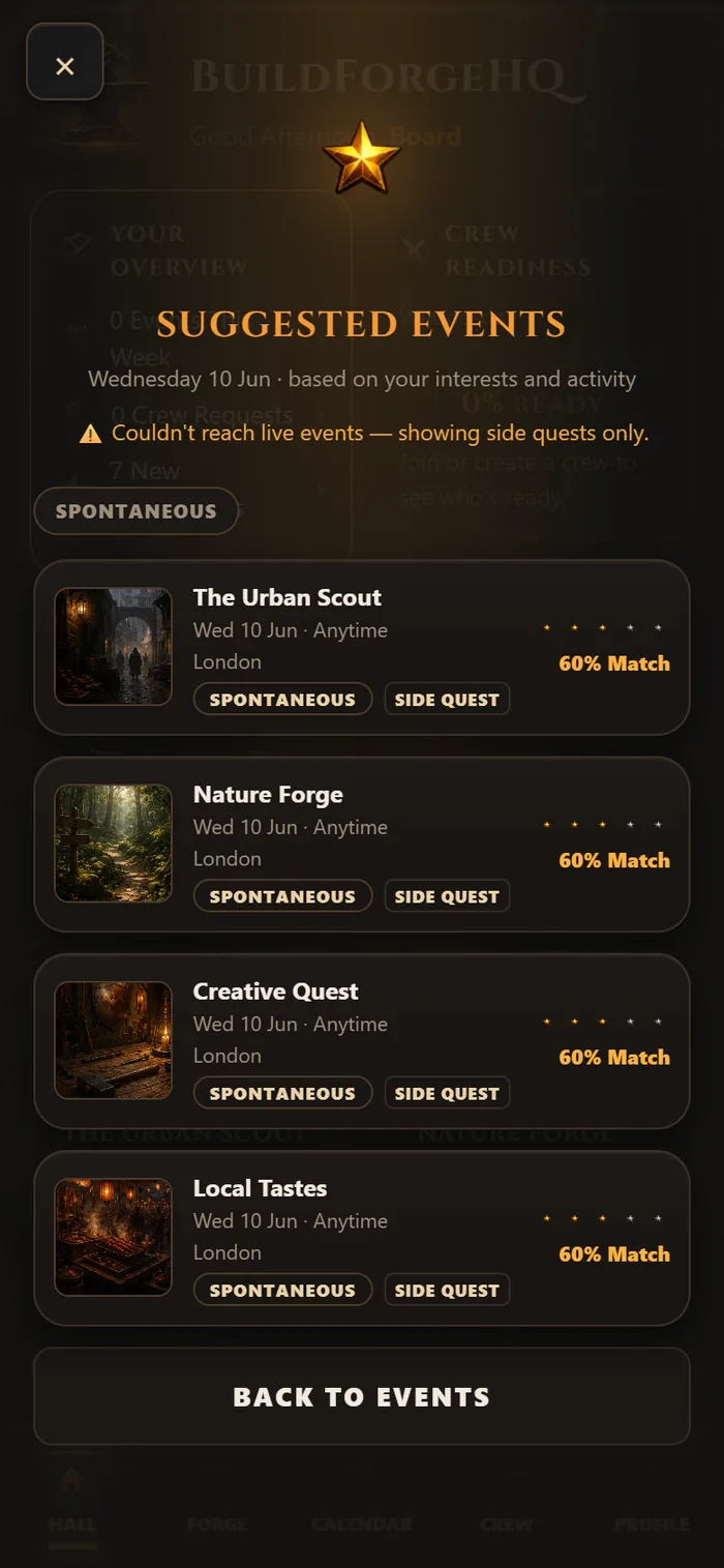 ForgeCrew — suggested events with match score